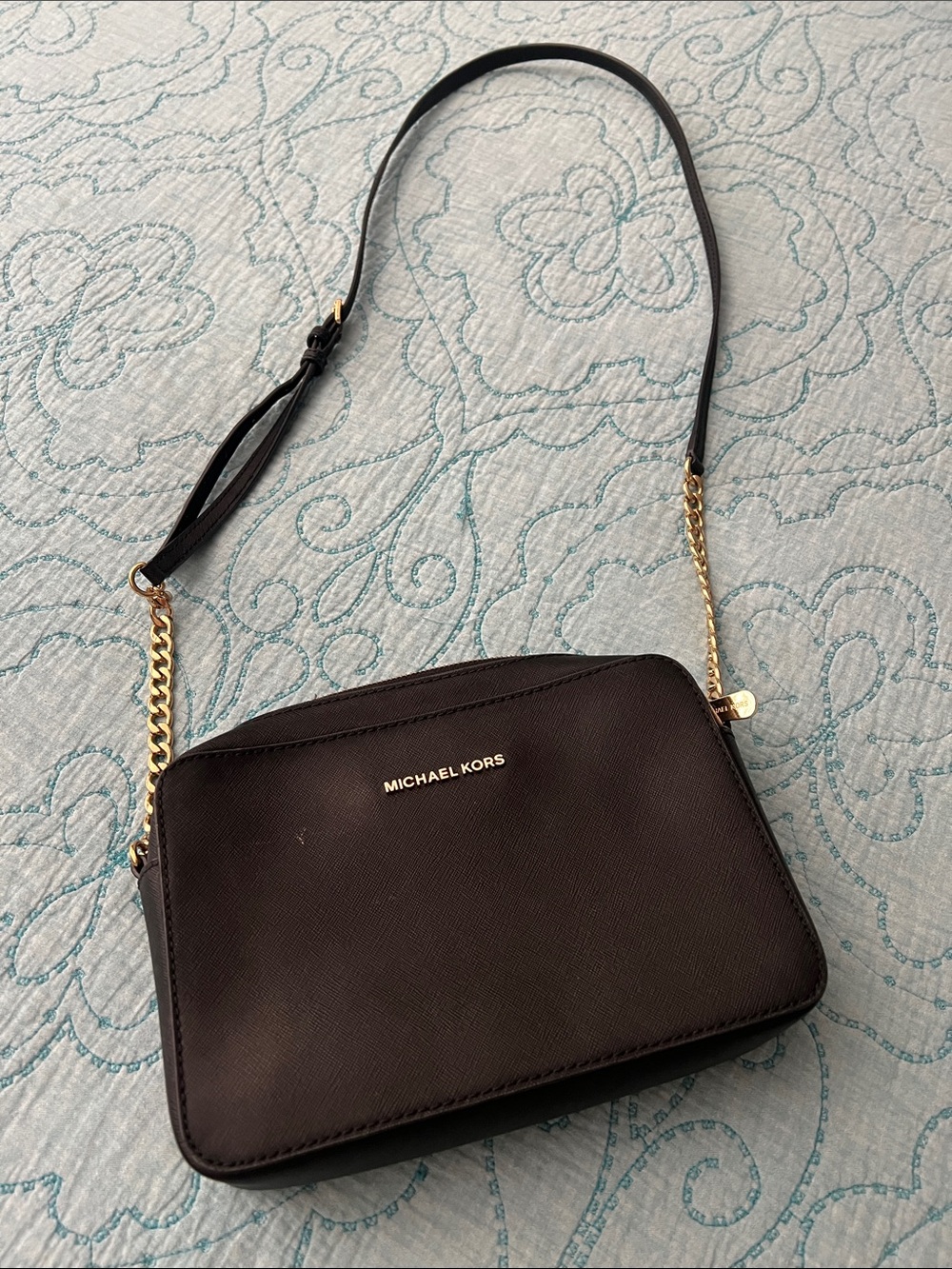 Michael Kors Dark Black Crossbody Camera Bag with Gold Chain